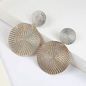 SILVER TEXTURED ROUND GEOMETRIC DANGLE EARRINGS